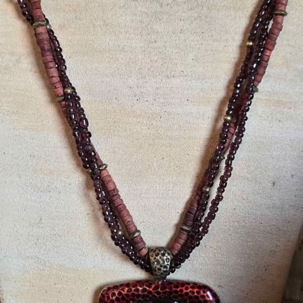 Boho Multi Strand Beaded Necklace Red Square Pendant Tribal Style Statement
